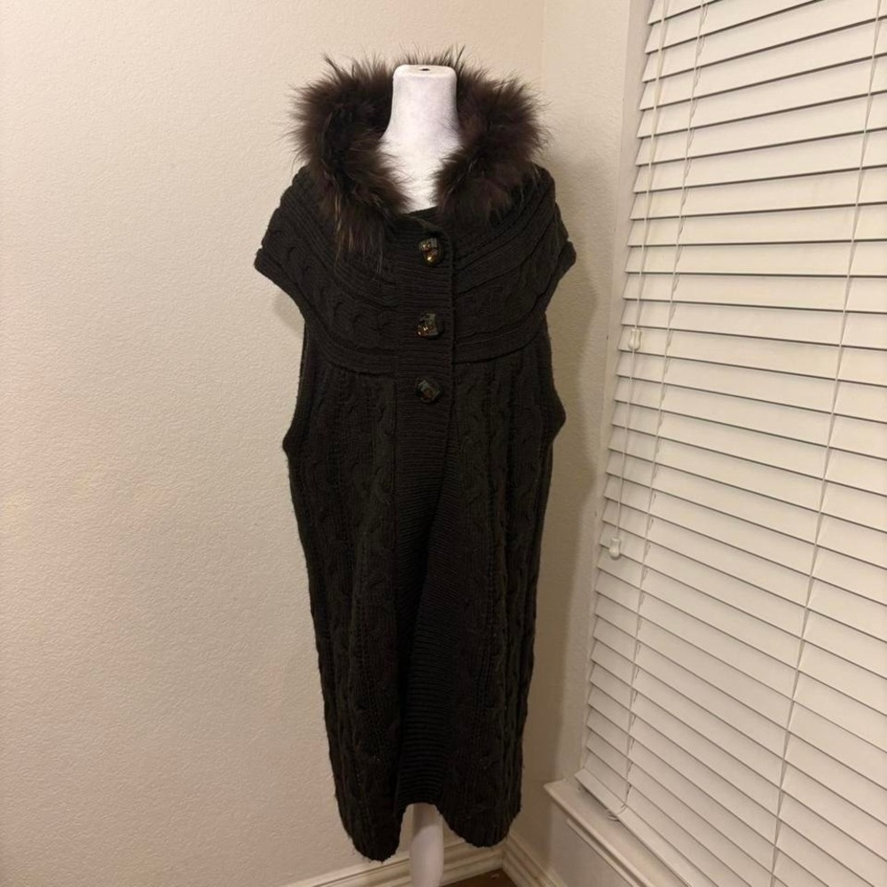 brown longline cable knit cardigan vest with fur trim and chunky retro buttons
